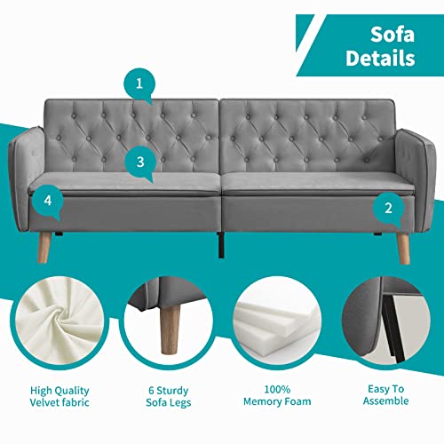 Balus Convertible Sofa Bed, Velvet Foldable Loveseat Couch, Folding Upholstered Sleeper Sofa With Adjustable Backrest & Armrest, Modern Futon Sofa Bed For Living Room Apartment Office Small Space #TOP3