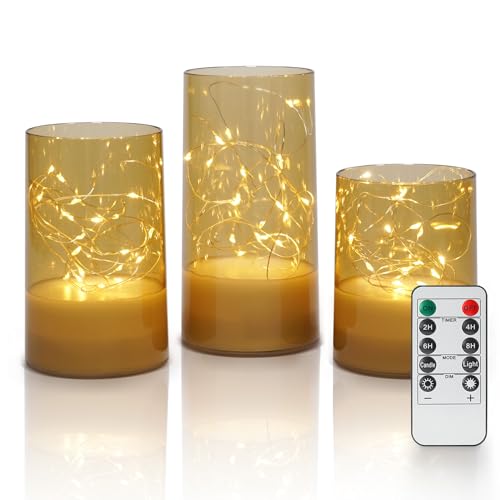 Fanna 3 Fairy Light Candle Lanterns with Remote for Table Centerpiece Decor, Embedded Twinkle String Lights in Battery Operated Flameless Candles for Christmas - Gold Acrylic - H 4'/5'/6'