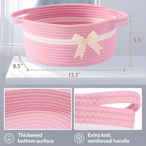 Image of Gift Baskets Empty, Small Woven Rope Storage Basket with Bow and Ribbons and Gift Wrap, Bowknot Decorative Gifts Basket with Handles, DIY Storage Organizer Basket for Wedding Graduation, Pink