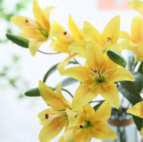 Image of VRB Dec 1 Pcs (3 Head) Lily Artificial Flowers Bunch Foam Flowers Sticks,Lily Artificial Flowers for Home Decor,Bedroom, Living Room, Table, Balcony, Office, Wedding, Pooja (Yellow Color)