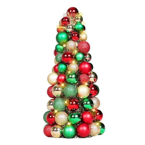 Amooca 16in Christmas Ball Tree with LED Lights Table Centerpiece Fireplace Decor Indoor Holiday Party Home Decoration Red Gold Green