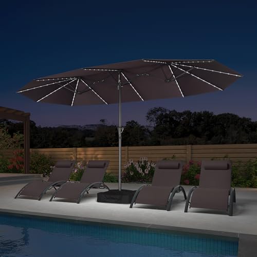 Image of PURPLE LEAF Outdoor Umbrella 14ft with Base and Solar Lights, Light Grey
