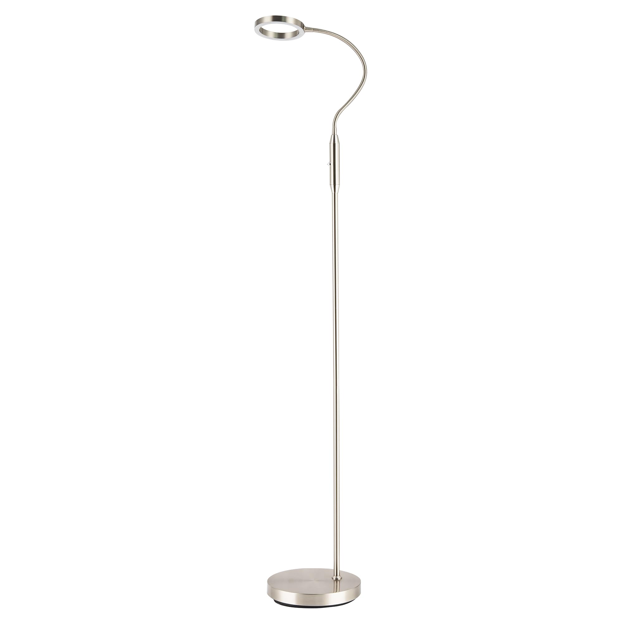Happy Homewares Modern Satin Nickel Task Floor Lamp with LED Halo Ring and CCT Memory Dimmer Button | 140cm x 23cm | Warm to Cool White 5w with 500 Lumens