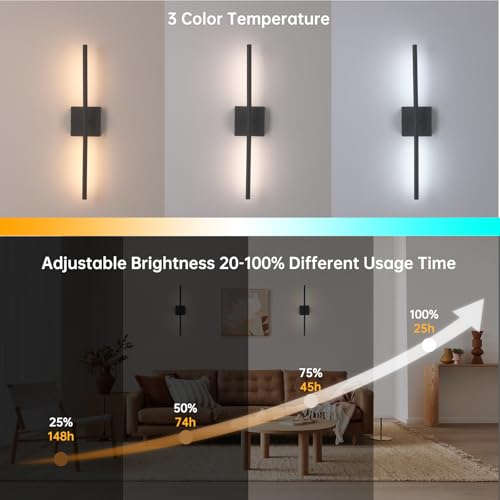 Image of Shenmoyl Battery Operated Wall Sconce Set of 2, 8000mAh Wireless Wall Sconces, 3000K-6000K Dimmable, 350Rotate, Indoor Wall Lights with Remote for Bedroom Living Room Bathroom, Black, 23.6 Inch