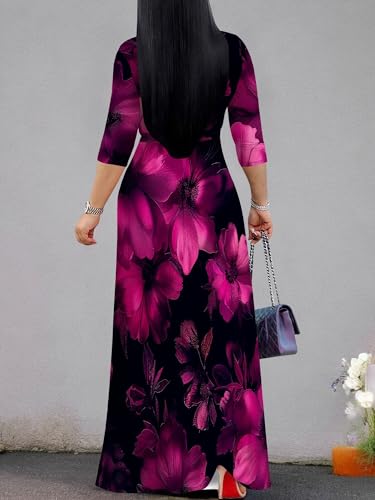 Image of SUZONANA Plus Size Dresses for Women Floral Print Maxi Dress Flowy 3 /4 Sleeve with Belt