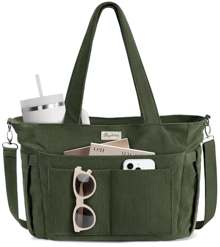 Bolsa de veludo cotelê para mulheres, bolsa de trabalho para laptop de 15,6 polegadas para escola e faculdade com suporte grande para copos, bolsa de ombro casual de veludo cotelê com zíper durável