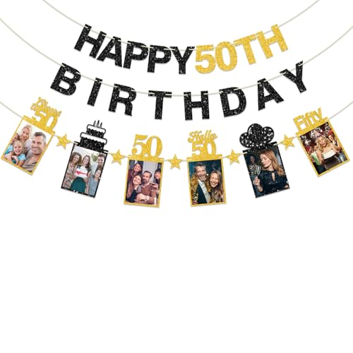 Image of Guiruiy Black Gold 50th Birthday Decorations for Men Women, Pre-strung Glitter Happy 50th Birthday Hanging Photo Banner Party Supplies, Cheers to 50 Years Old Bday Banners
