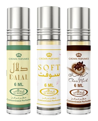 Al Rehab Perfume Oil Rollerball Set – 3-Piece Collection for Everyone (0.2 oz Each) – Includes Choco Musk, Soft, and Dalal