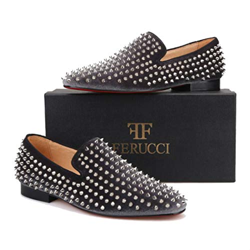 FERUCCI Men Grey Velvet Slippers Loafers Flat with Silver Spikes Rivets2
