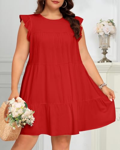 Image of Holipick Women's Plus Size Summer Dresses Casual Short Dress Babydoll Ruffle Sleeve Swing Flowy Sleeveless Tunic Dress