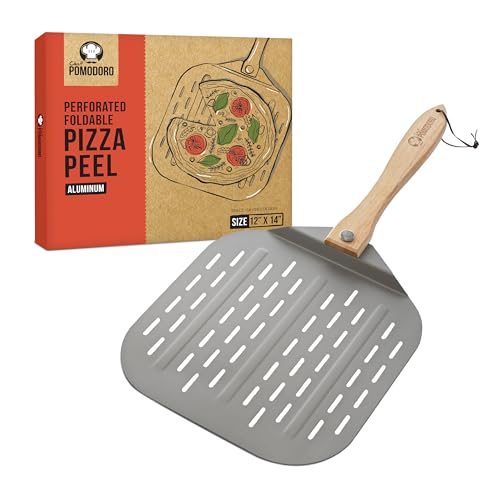 Chef Pomodoro - Pelle à Pizza Perforée en Aluminium Anodisé Professionnelle avec Poignée Pliable en Bois Pelle à Enfourner pour Four et Barbecue Cuisson...