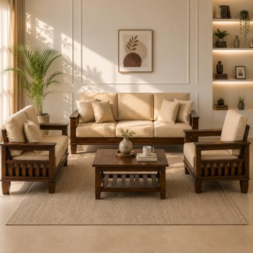 Image of Furniture Solid Sheesham 6 Seater Wooden Sofa for Living Room with Cushion|Solid Wood Six Seater 6-Person Sofa Set /Couch 3+2+1 for Bedroom,Home,Office & Lounge|Brown Finish
