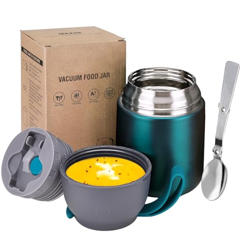 Image of Insulated Thermo Food Jar for Hot & Cold Food for Kids Adult, 17 oz Soup Thermal Hot Food Containers for Lunch, Triple Layer Insulation Stainless Steel Food Jar with Spoon (Green)