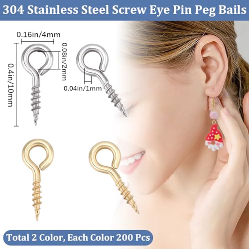 Beebeecraft 1 Box 400Pcs Small Screw Eye Pins 304 Stainless Steel 10mm Eyelets Threaded Clasps Hooks for Half Drilled Beads Jewelry Making DIY (Gold - Image 2