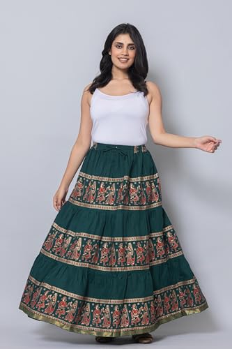 Image of Women's Cotton Printed Long Skirt | Ethnic Folk Print Tiered Maxi Skirt for Women | Elastic Waist Flared Boho Skirt | Traditional Casual for Women