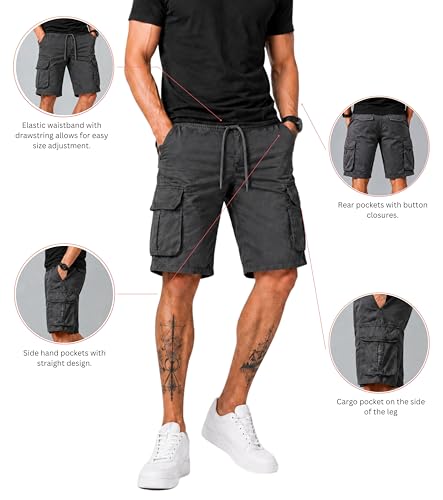 Image of L'MONTE Men's Imported Cotton Casual Relaxed Fit Outwear Cargo Shorts with Expandable Elastic Waist and Multi Pockets