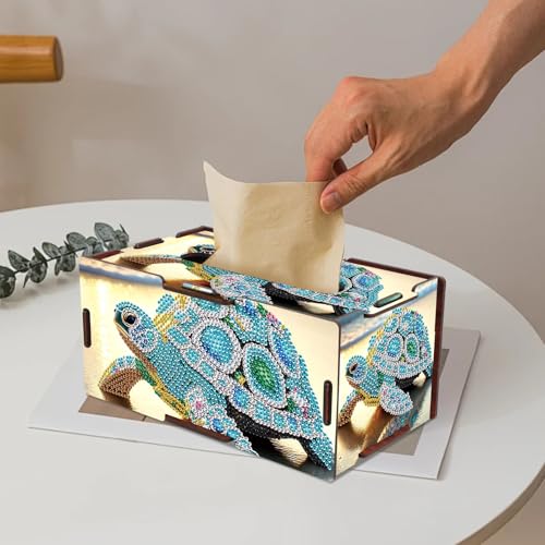 Image of Diamond Painting Tissue Box Cover - Sea Turtle Design Wooden DIY Rhinestone Diamond Art Kit for Home Office Decor, Handmade Craft Storage Holder