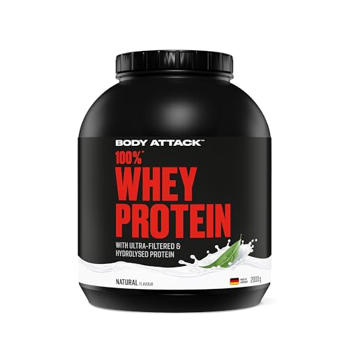 Body Attack 100% Whey Protein Natural, 2 kg - Made in Germany - Extra cremiges Eiweißpulver mit Hydrolysat & BCAA´s, unterstützt Muskelaufbau und Diäten - Für Sportler & Athleten