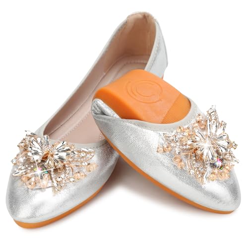 Image of KUNWFNIX Women Ballet Flats Rhinestone Wedding Ballerina Shoes Foldable Sparkly Comfort Slip on Flat Shoes