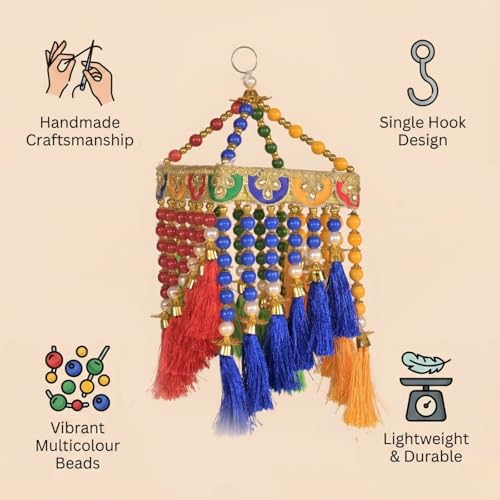Image of Handmade Traditional Colorful Moti Jhumar Wall & Door Hanging - Artisanal Beaded Toran with Center Latkan Design, Bandarwal for Home Entrance, Festive Decoration, Pooja Room (Pack of 1)