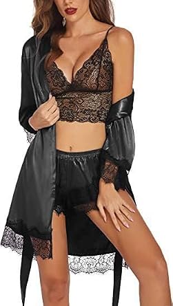 Womens Silk Pajamas Robes Set 4PACKS Sexy Pjs Cami Shorts Satin Sleepwear Lace Loungewear US, Alpha, X-Large, Regular, Regular, Black