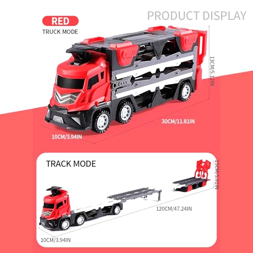 Image of Kidology Car Carrier Truck Toy Set - Mega Hauler Race Track with Ejection - 4 Mini Racing Cars - Folding Storage Truck Toy for Kids - Boys & Girls Toy for 3+ Years Old (Mega Hauler Truck - Red)
