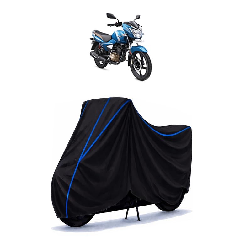 Image of TVS Victor 110 Bike Cover Water Resistant Universal Motorcycle Rain | Heavy Duty UV Protection, Dust, Scratch Indoor Outdoor All Weather with Black Blue Piping Elastic