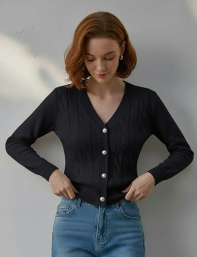 Image of Women's Casual Slim Fit Cardigan Sweaters Long Sleeve Button Down Lightweight Waist Length