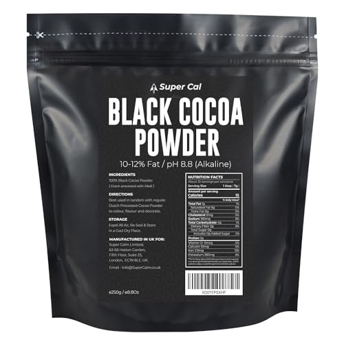 Black Cocoa Powder for Baking - 250g Pouch | Intense Deep Black Dutch Processed Unsweetened Cocoa Powder | pH 8.8 (Zero Bitterness) with 10-12% Fat | Super Cal