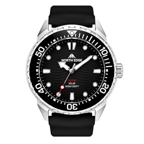 NORTH EDGE Triton Herren Solar Taucheruhr 300 m wasserdicht Quarzuhr mit Leuchtzeigern einseitig drehbarer Lünette Edelstahlgehäuse schwarzes Silikonarmband