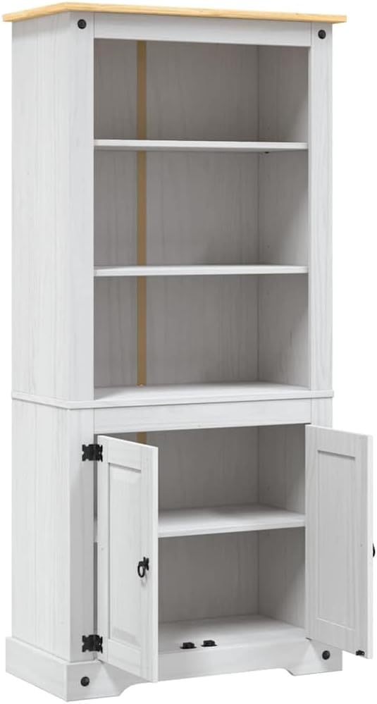 Rustic White Side Cabinet with Brown Top Solid Pinewood Storage Cupboard for Dining Room Indoor Use 15.7 x 31.5 x 66.9 in Durable Storage Locker with Two Doors and Five Shelves