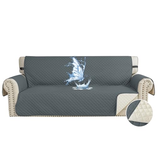 CYCMACO Funda Sofa Impermeable 3 Plazas, Cubre Sofas Antiarañazos Gatos, Couch Cover Antideslizante Antimanchas, Universal, con Reposabrazos, Lavable, Gris Oscuro