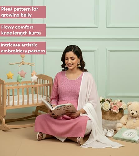 Image of DUMMY SHAPE Feeding Kurta Set for Women Cotton Blend | Floral Embroidered Pregnancy Kurta Pant Dupatta with Nursing Zippers | Pre & Post Partum | Maternity Dresses | Mom to Be Gifts