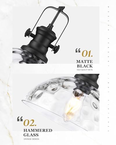 Image of 10.5 inch Black Pendant Light for Kitchen Island, Hammered Glass Shade | Farmhouse Vintage Hanging Light Fixture for Dining Room Entryway, Adjustable Cord, E26 Base, AD-22151-1PL-BK-H