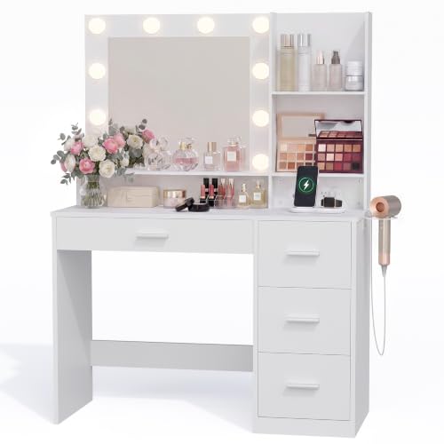Image of YESHOMY 39 inch Vanity Desk with Mirror & Lights, Makeup Vanity Table with Power Outlet & Storage Drawers, 3 Color LED Lighting, Dressing Table for Bedroom, White