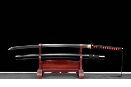 Bleach Tensa Zangetsu Replica Katana-Spring Steel Forged Blade w/Blood Groove, 90-Degree Bend-Resistant,Black Oxide Finish (60 HRC Unsharpened) - 40.5″Overall, 28″Blade, Solid Wood Lacquered Sheath