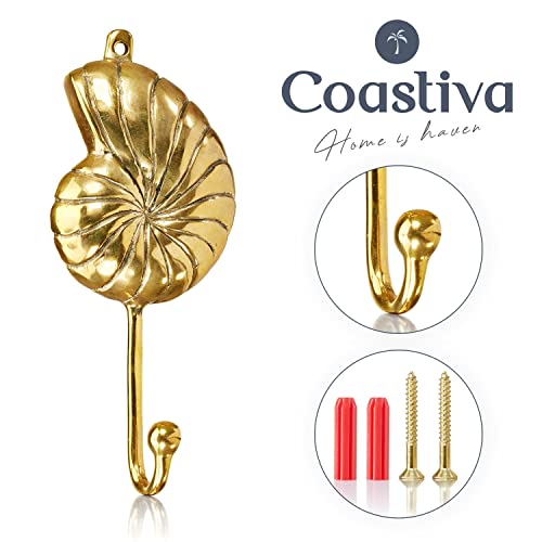 Coastiva Brass Nautilus Shell Decorative Wall Hook, Coastal Home Decor for Towel Holder in Bathroom, Wall Mounted Nautical Style Hooks for Hanging Coat, Robe, Bag, Scarves, Towels, Hat Purse and Key - Image 5