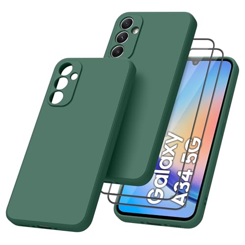 AK Funda para Samsung Galaxy A34 5G con 2 Piezas Cristal Templado Protector de Pantalla,Funda de Liquida Suave Silicona para Samsung Galaxy A34 5G Funda(Azul Marino)