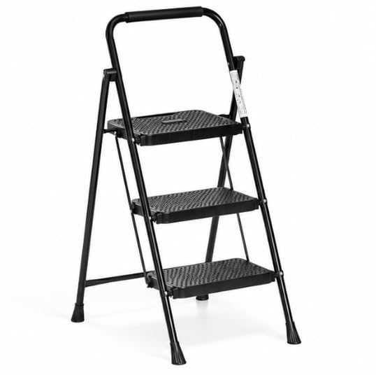 3 Step Ladder, Foldable Stool for Adults, 800lbs Sturdy Steel Ladder with Wide Anti-Slip Pedal, Portable Kitchen Ladders with Sturdy Construction, Black