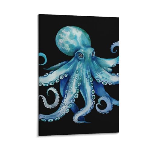 Toile murale moderne pieuvre aquarelle bleue, décoration de salon