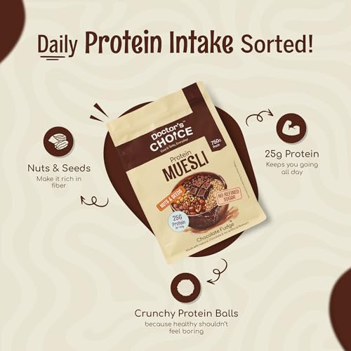 Image of DC DOCTORS CHOICE High Protein Multigrain Muesli|25 Gm Protein|No Maida|No Palm Oil|Jaggery Sweetened Fiber-Rich|Preservative-Free|Healthy Crunchy Treat|750 Gram|Chocolate|1 Count (Pack of 3)