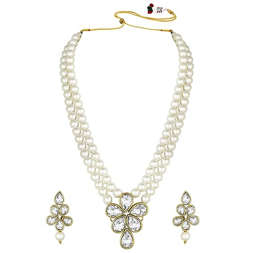 Image of Peora Crystal Faux Pearl Kundan Necklace & Jewellery Set Gift for Women