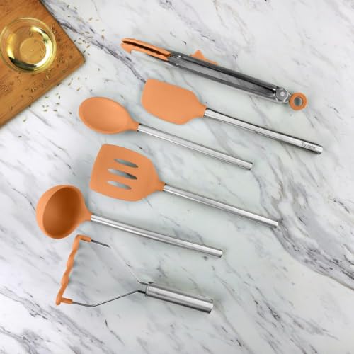 Image of Tovolo Silicone Cooking Utensil Set of 6 Stainless Steel Handle Ladle Slotted Turner Tongs Flex Core Spatula Scraper Mixing Spoon & Potato Masher, Dishwasher Safe BPA Free Utensils, Apricot Orange