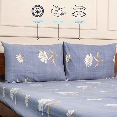 Image of Amazon Brand - Umi Cotton Elastic Fitted Bedsheet, King Size 78x72 Inches, Elastic Fit Bed Sheet, 10 Inch Deep Pocket, Soft Breathable Bedding, Durable Easy Care, with Pillow Cover-Lunar Flora