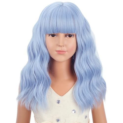Image of Kids Blue Wig Girls Short Blue Wavy Curly Wigs Child Wig with Air Bangs Synthetic Cosplay Hair Wigs