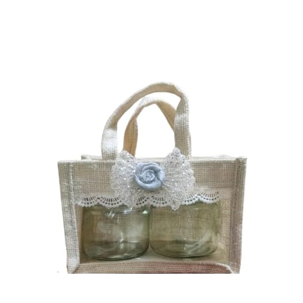 Meka Creations white Jute Gifting Bag with 2 jar (300 ml) for Return Favours, Diwali, Rakhi, Baby Shower, New Born Announcement, Cookies, Dry Fruit, Chocolates Gifting - Included 2 Jar