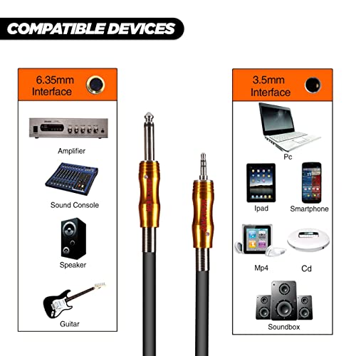 KEBILSHOP 3.5mm 1/8" Male to 6.35mm 1/4" Male Stereo 3 Meter/10 Feet Audio Cable with Zinc Alloy Housing for Headphones,Laptop,Home Theater Devices, and Amplifiers & More (3 Meter/10 Feet, Black) 5