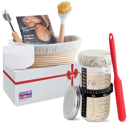 Gärkörbchen Sauerteig-Starterglas-Set mit Ovalem Gärkorb mit Schaber Cutter Liner und Zubehör Handgefertigtes hochwertiges Rattan von Indonesien