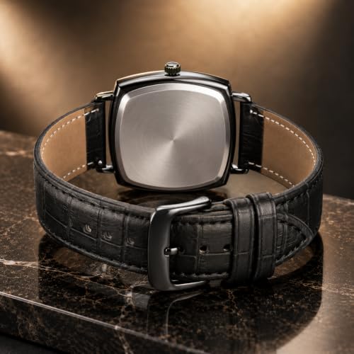 Image of Analog Watch for Man Black Leather Strap White Dial Luxury Rectangle Design