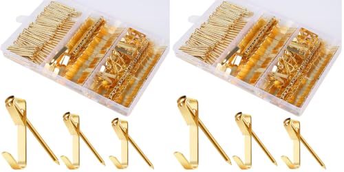 Image of 184 Pieces Picture Hanging Kit, 20lb, 30lb, and 50lb Picture Hangers, Metal Picture Hanging Hooks with Nails, on Drywall, Wooden Wall(Gold) (Pack of 2)